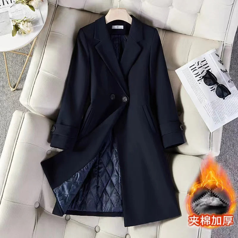 Ladies Long Blazer High Quality Autumn Winter Women Black Red Navy Blue Thicke Blazers Female Casual Jacket Coat Windbreakers Lizbert