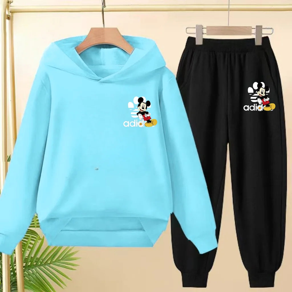 Children's Black Hoodie Anime Mickey Print Pullover 3-12Yrs Coat Sweatshirt+Pants Boys Girls Toddler Sports Clothing Leisure Set