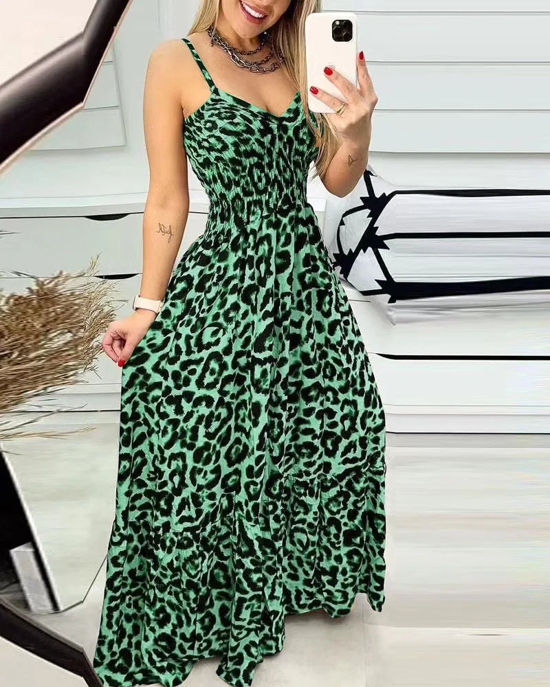 2023 European And American Summer New Leopard Ptteran Suspender V-Neck Dress High Waist Dress Sexy Temperament Fashion Long Dres