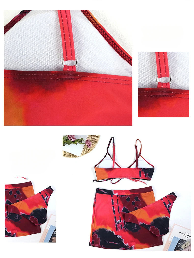 3 Piece Bikini Set Sexy Swimsuit Swimwear Women Drawstring Tie Dye Print Bikinis Set Bathing Suit Beach Skirt Cover Up Biquinis - Lizbert