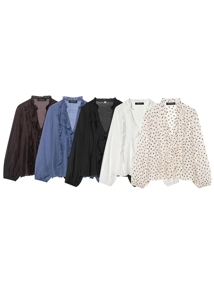 HH 2026 Spring Summer Trend Women Polka Dot Ruffled V Neck Blouse Long Sleeve Buttons Shirts Elegant Lady Chic Thin Shirt Tops Lizbert