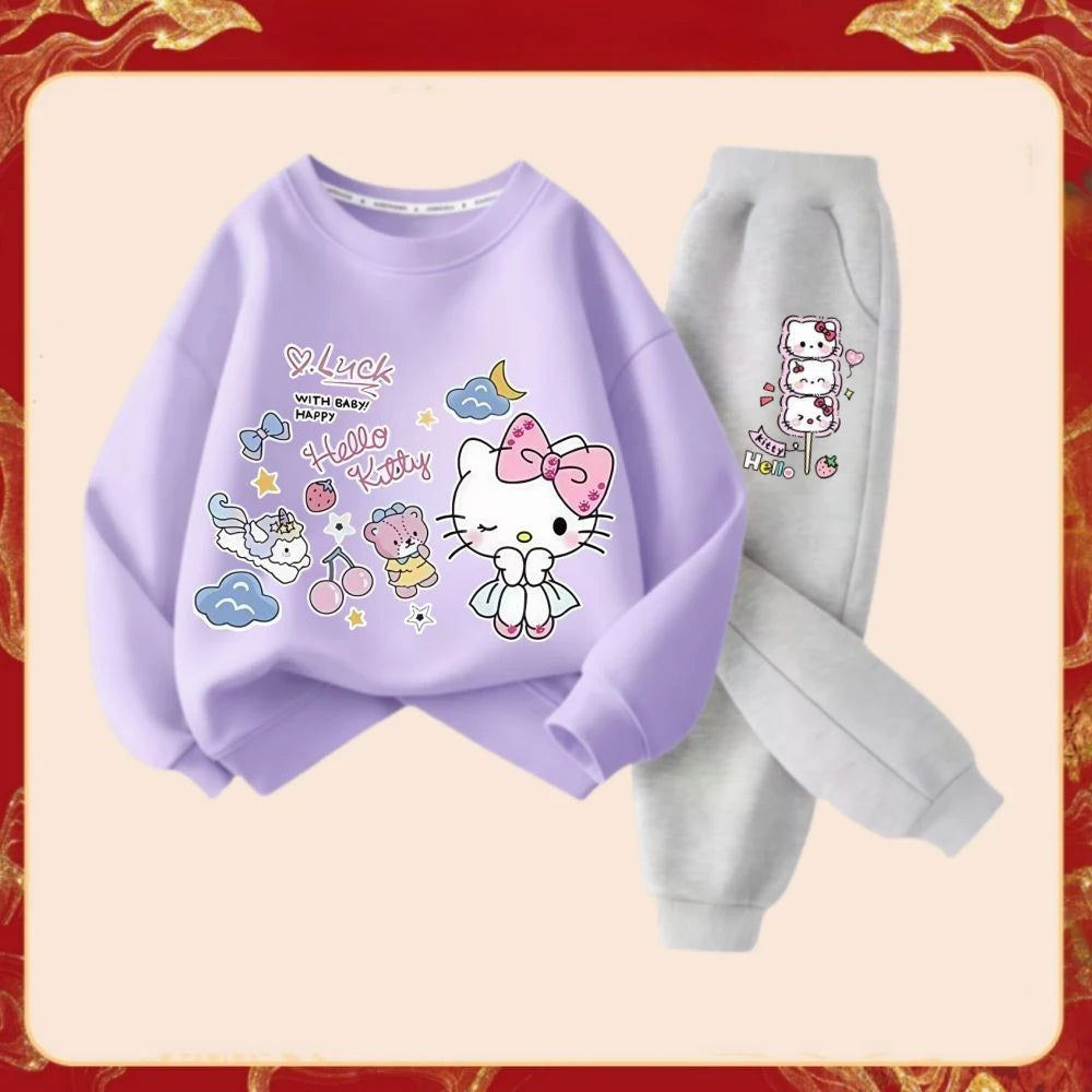 Spring Autumn Girl's Fashion Clothes Sets Kids Cartoon Hello Kitty Print Sweater Pullover Tops & Pants 2Pcs Outfit Tracksuit