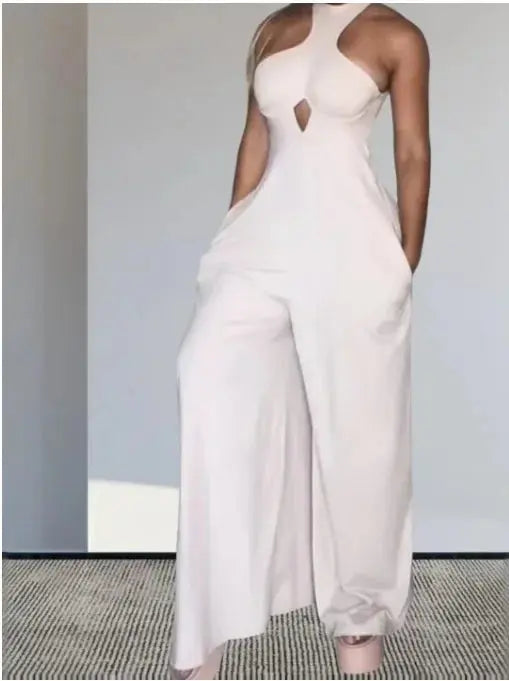 Elegant Jumpsuit Women Backless Hanging Neck Pocket Slim Fit Solid Color Bodysuit Conjoined Body Wide Leg Pants 2025 Summer New Lizbert
