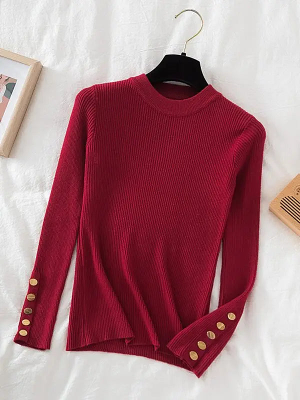 2025 women thick sweater pullovers khaki casual autumn winter button o-neck chic sweater female slim knit top soft jumper tops - Lizbert