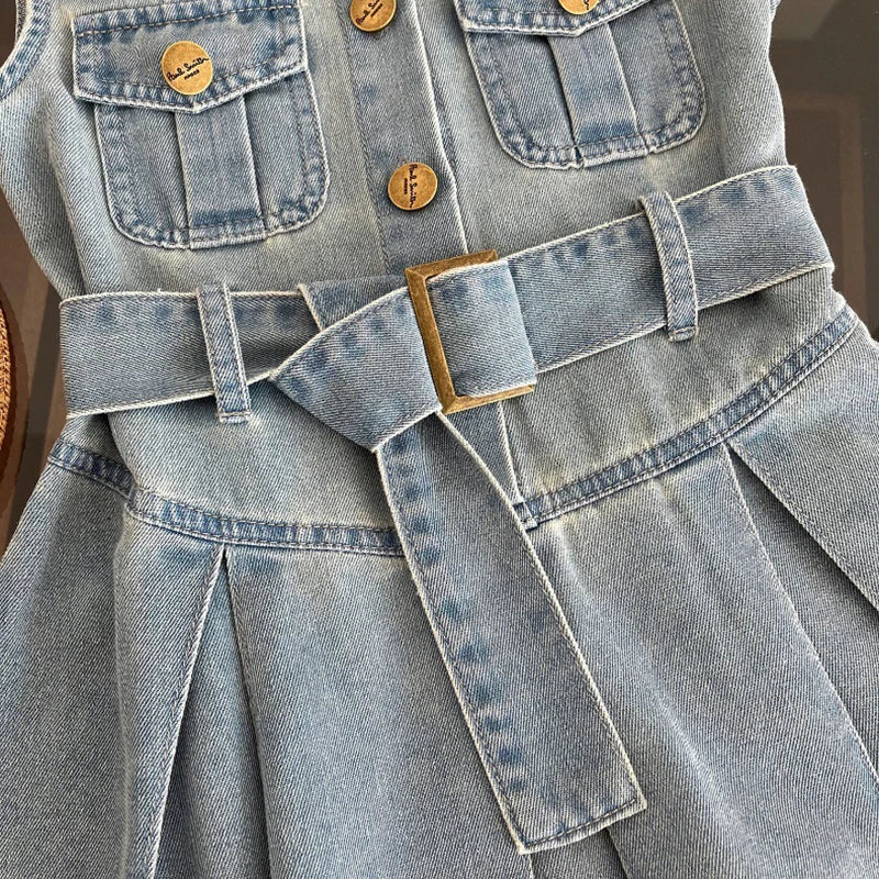 Summer New Girls Denim Dress Belt Decoration Lapel Collar Sleeveless Tutu Princess Dress For 2 -10 Years Kids Fashion Dress Lizbert