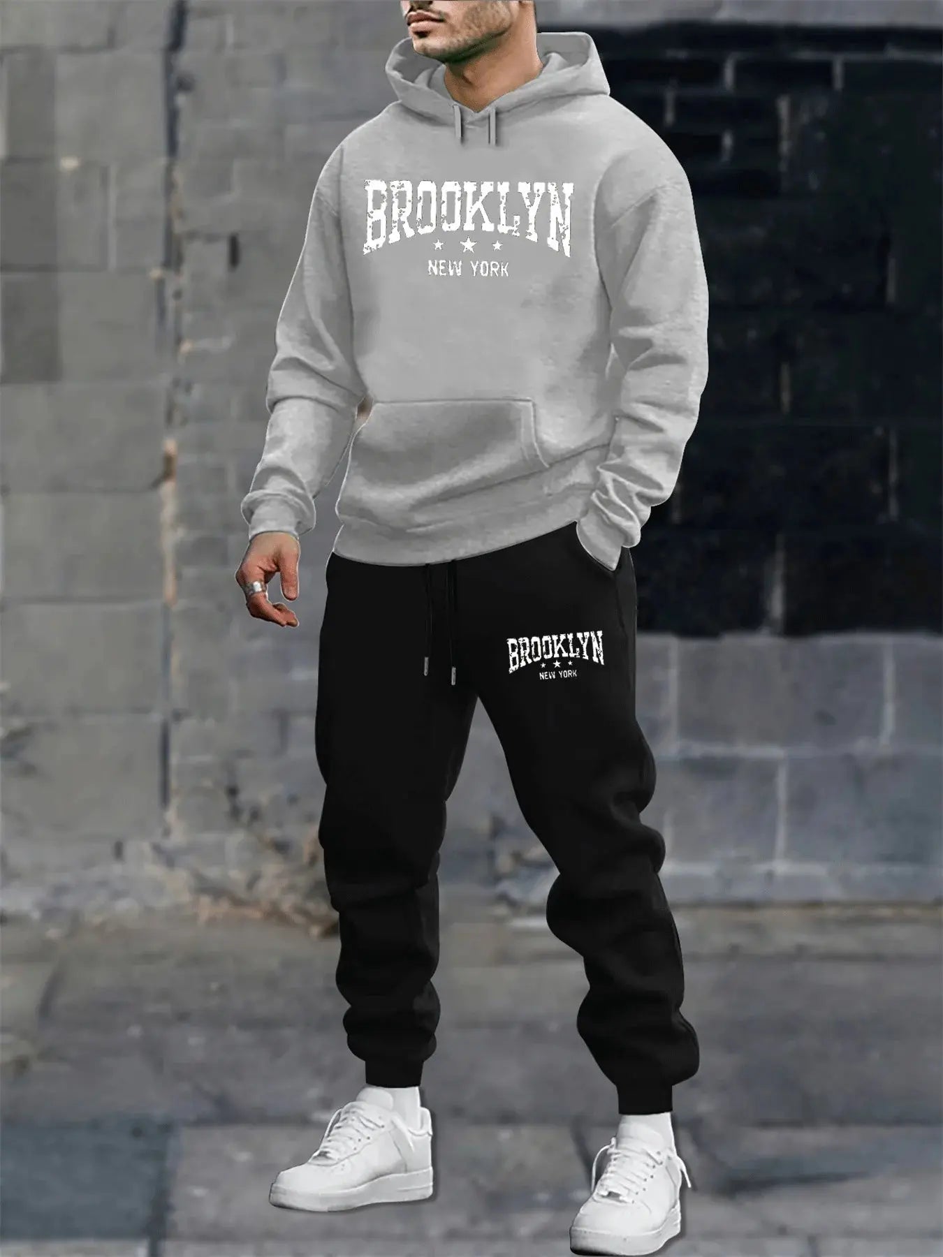 men's sweatshirt  autumn and winter casual fashion warm Brooklyn New York letter printed loose plush thick hooded sweatshirt+sweatpants set Lizbert