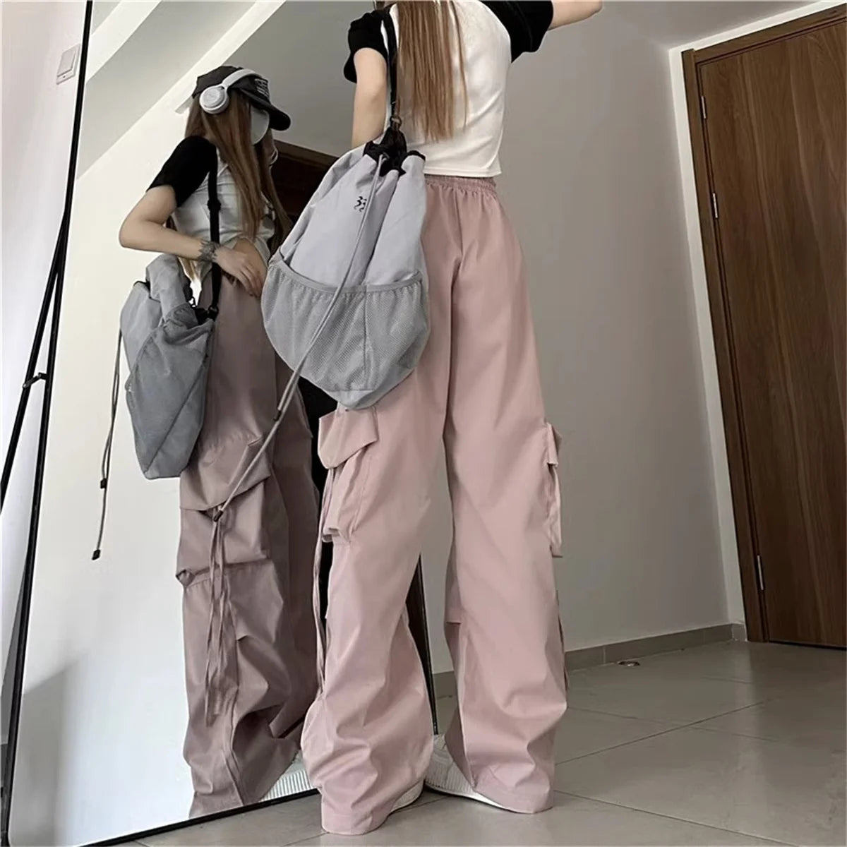 Plus Size Women Cargo Pants High Waist Solid Fashion Street Pant Vintage Drawstring Pocket Trousers Loose Casual Joggers Clothes - Lizbert