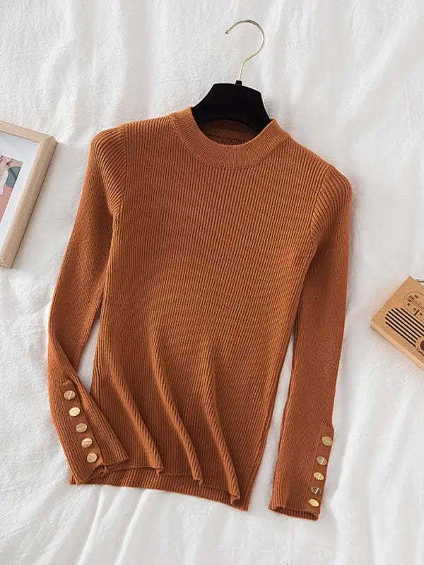 2025 women thick sweater pullovers khaki casual autumn winter button o-neck chic sweater female slim knit top soft jumper tops - Lizbert