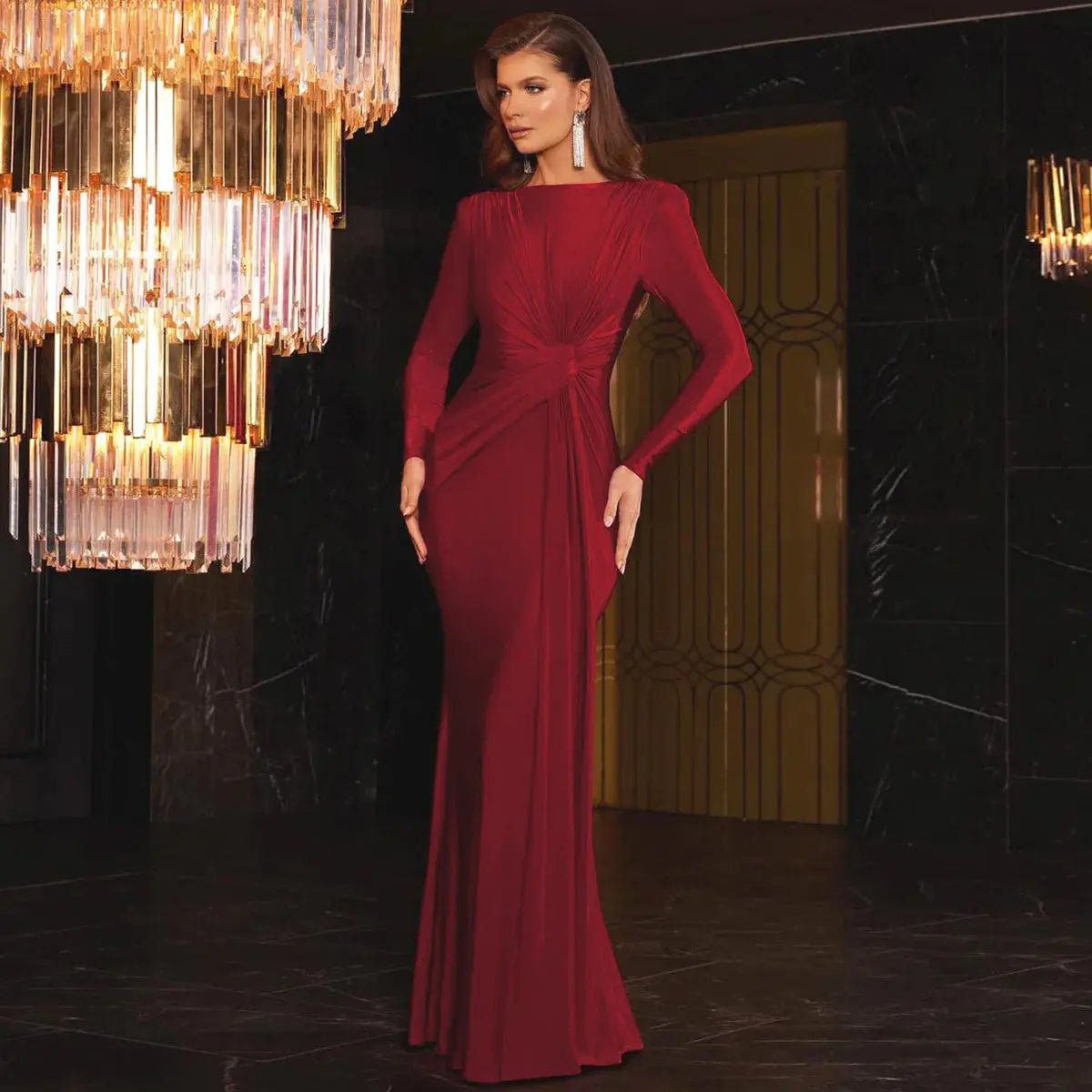Ladies Autumn Elegant Evening Party Dress Women Long Sleeve O-Neck Ruched Fashion Maxi Dresses Night Club Streetwear Fall Outfit Lizbert