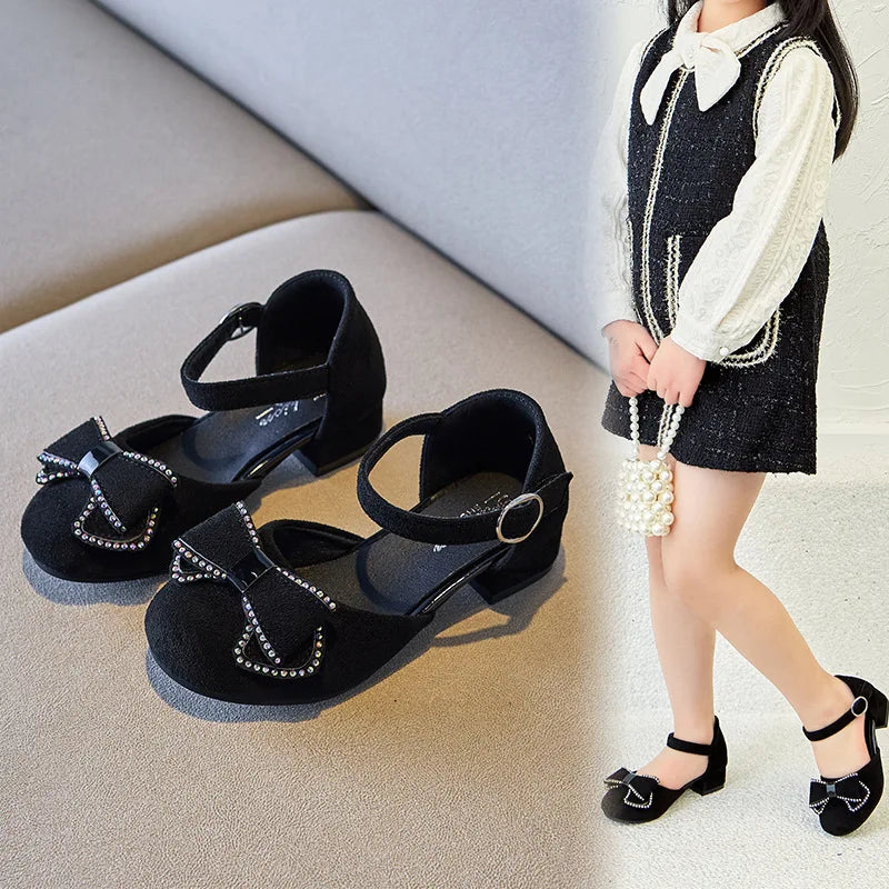 2025 New Children Girls Sandals Solid Color Bow Rhinestones Cute Kids Fashion Princess Elegant Mary Janes for Party Wedding Lizbert