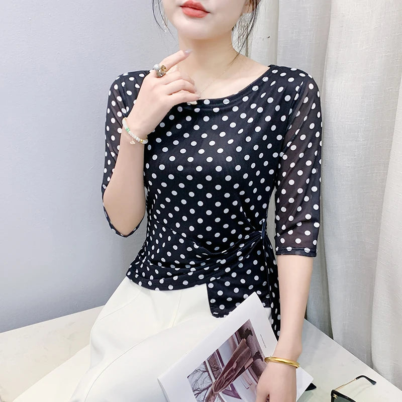 Summer Half Sleeve T-shirts Women Print Polka Dots Mesh Tops Girl Irregular Sweet Tshirt Lizbert