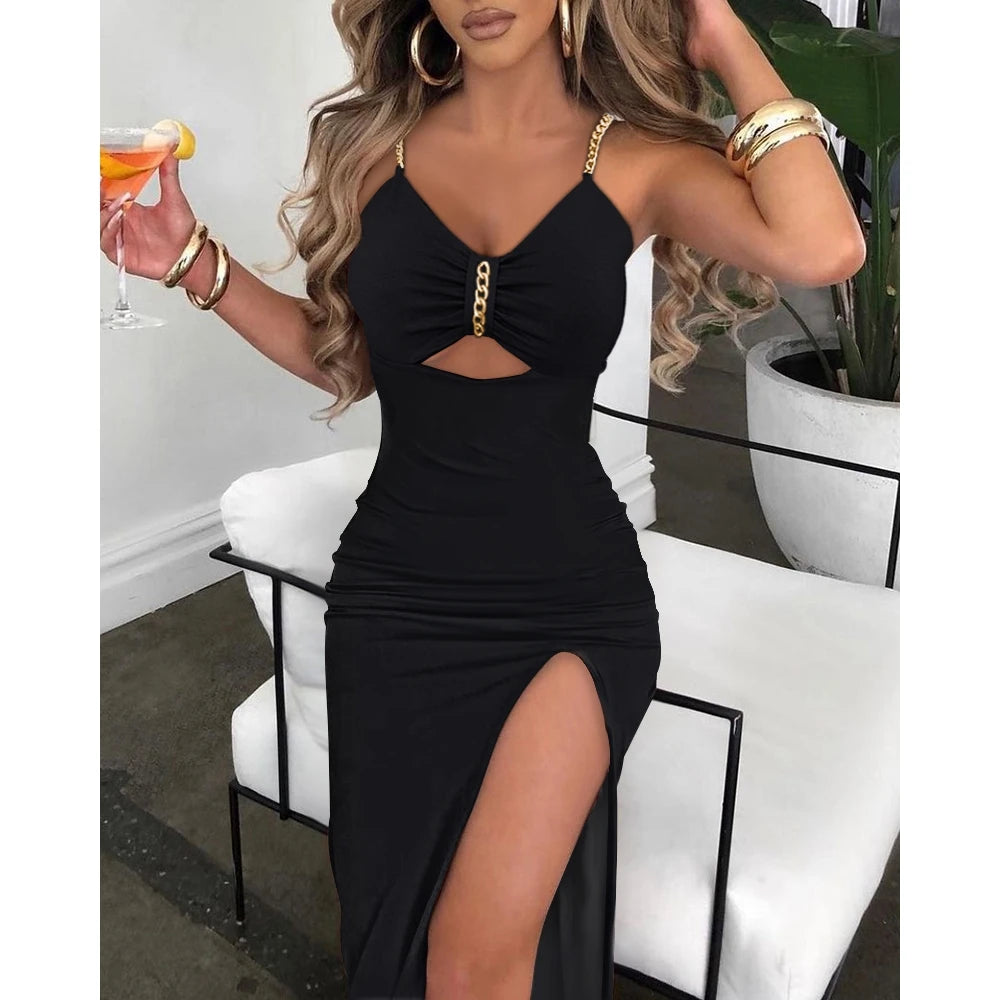 Summer Women V-Neck Chain Decor Cutout High Slit Dress Fashion Femme Bodycon Sleeveless Maxi Party Dress Outfits Robe - Lizbert