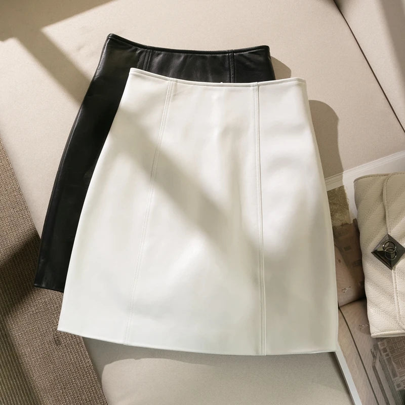 Hip Wrap Slim Fit Genuine Leather High Waist Thin 2025 A-line Sheepskin Short Skirt Female Fashion Women Harajuku Kawaii Casual Lizbert