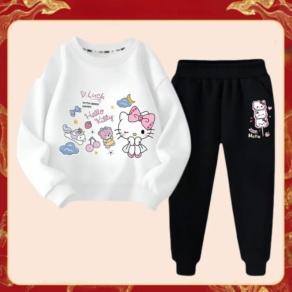 Spring Autumn Girl's Fashion Clothes Sets Kids Cartoon Hello Kitty Print Sweater Pullover Tops & Pants 2Pcs Outfit Tracksuit