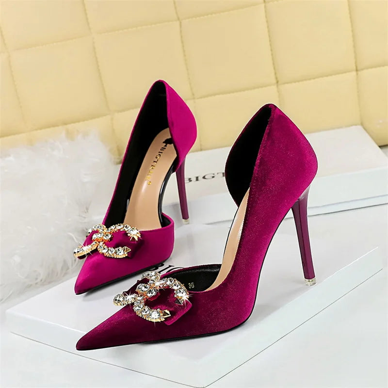 Fashion Women High Heel Rhinestone Buckle Bow Green Pink Pointed Toe Party Pumps Velvet Luxury Elegant Wedding Evening Shoes Lizbert